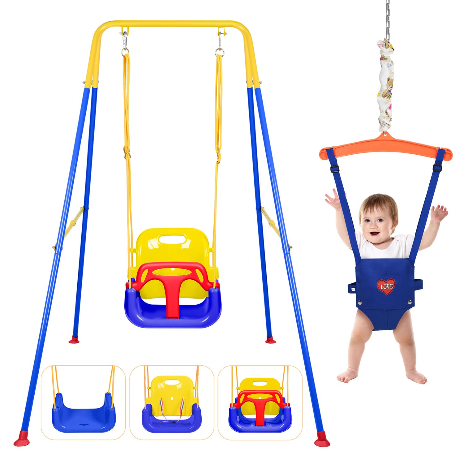 4-in-1 Swing Set & Baby Jumper and Bouncer for Toddler, Heavy Duty Baby Swing Set with Foldable Metal Stand for Indoor & Outdoor