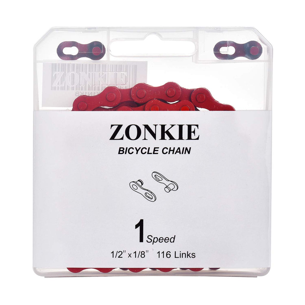 Zonkie Single-Speed Bicycle Chain 1/2 X 1/8 Inch 116 Links (Red, 1/2'' 1/8'' 116 Links)