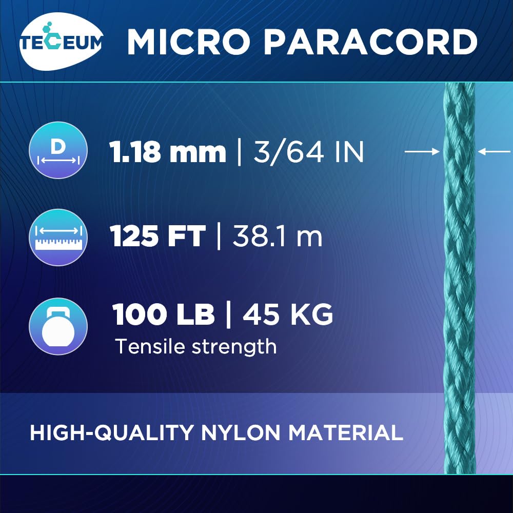 Teceum Micro Paracord - Green Wave - 1.18 Mm X 125 Ft - Micro Utility Cord - Thin Braided Paracord Rope Nylon Polyester - Wind C