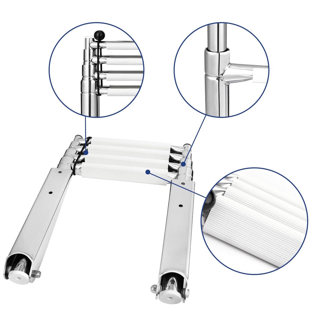 Young Marine 4 Steps Stainless Steel Drop Down Telescopic And Folding Boat Ladder With White Plastic Footboard,Over Platform Mou