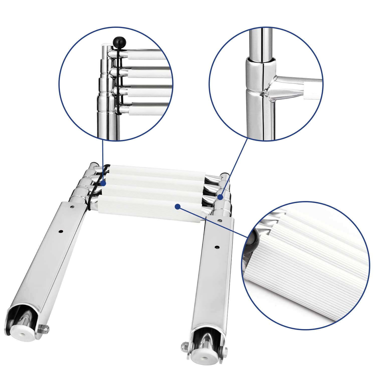 Young Marine 4 Steps Stainless Steel Drop Down Telescopic And Folding Boat Ladder With White Plastic Footboard,Over Platform Mou