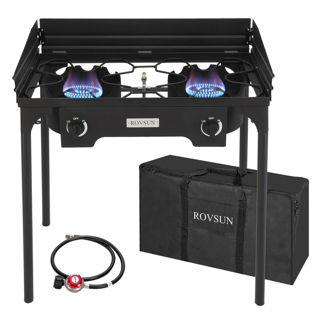 Rovsun 2 Burner Outdoor Propane Gas Stove With Windpanel, Carrying Bag & Regulator, 150,000 Btu Stand Cooker For Backyard Cookin