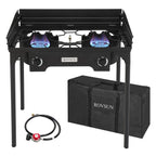 Rovsun 2 Burner Outdoor Propane Gas Stove With Windpanel, Carrying Bag & Regulator, 150,000 Btu Stand Cooker For Backyard Cookin