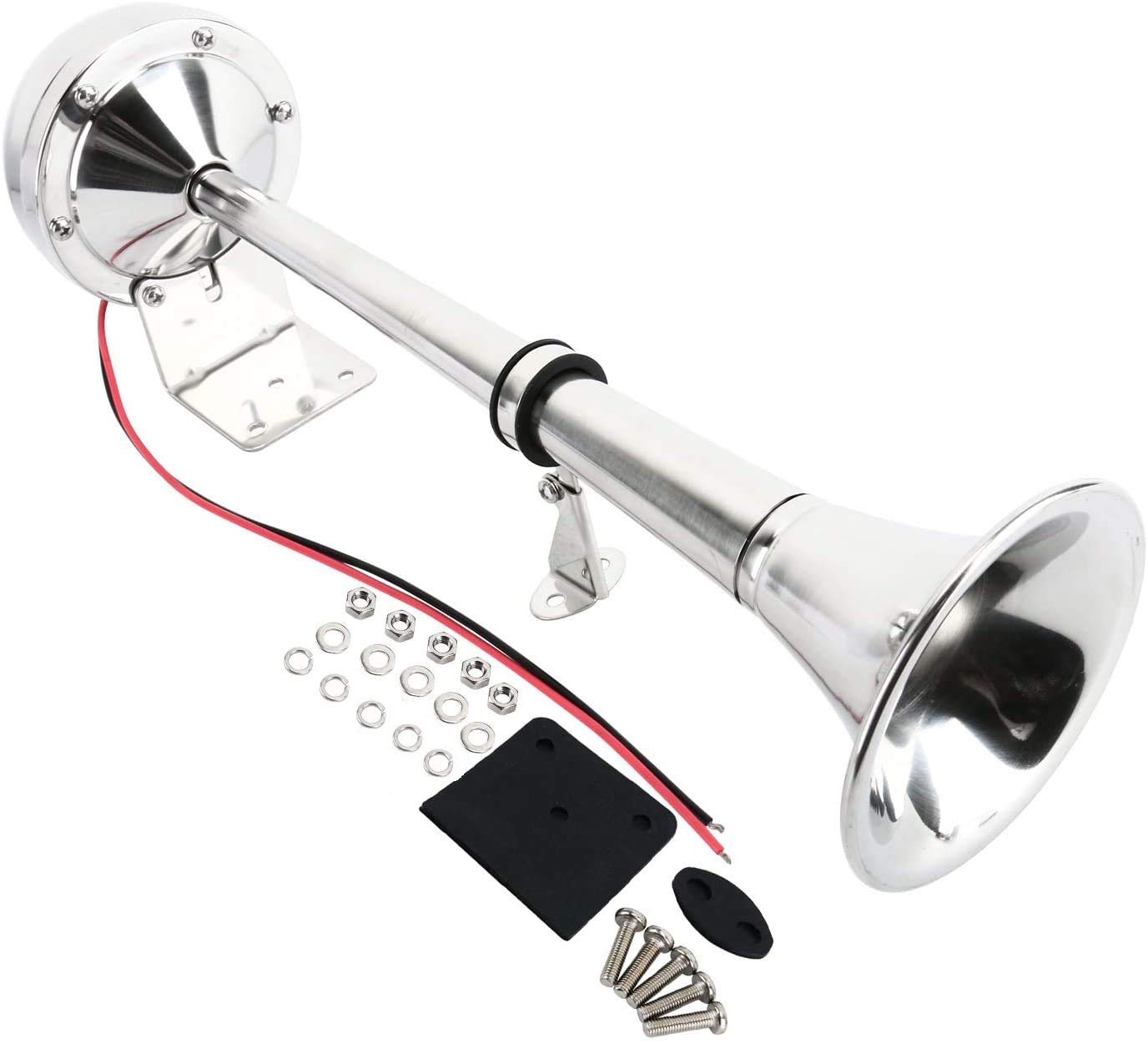 Amarine Made 12V Marine Boat Horn 115Db Stainless Steel Single Trumpet Horn For Ship Truck Rv Trailer, Low Tone, 16-1/8''