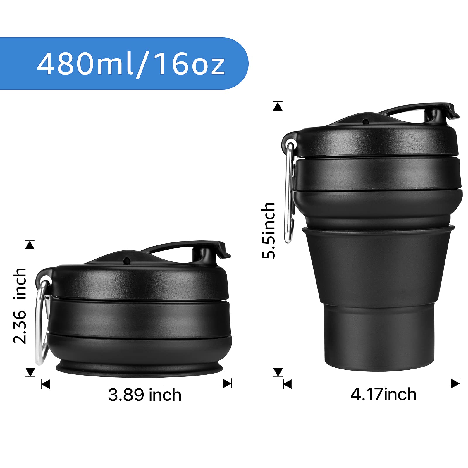 Easyxq 2Pack Collapsible Coffee Cup, 16 Oz 480Ml Silicone Folding Camping Mug, Leak Proof Bpa Free Portable Sport Bottle With Li