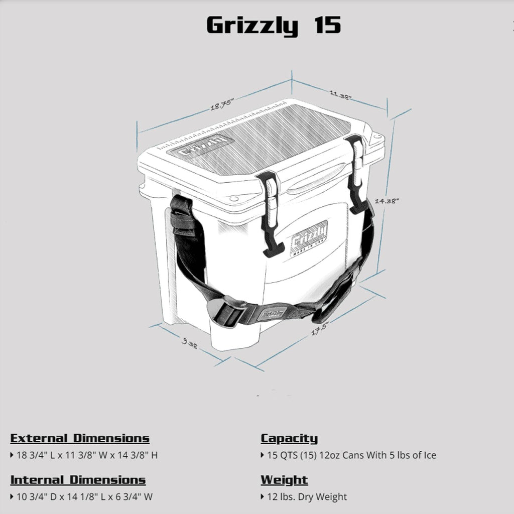 Grizzly 15 Cooler  15 Qt Ice Chest Durable Rotomolded Insulated  Made In Usa  Warranty For Life  For Beach Boat Camping Fishing