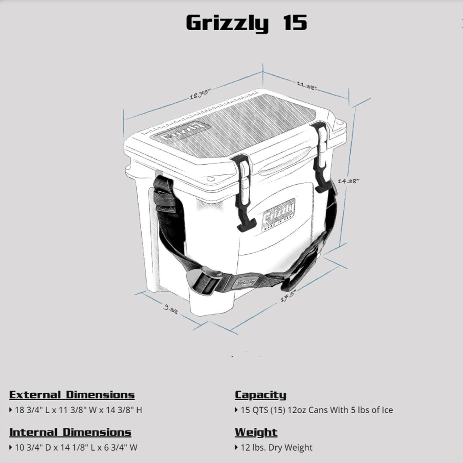 Grizzly 15 Cooler  15 Qt Ice Chest Durable Rotomolded Insulated  Made In Usa  Warranty For Life  For Beach Boat Camping Fishing