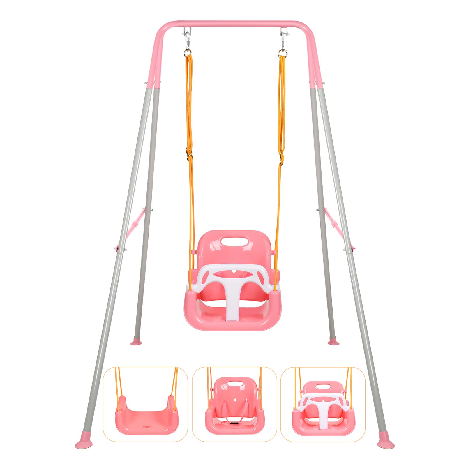 3-in-1 Toddler Swing Set, Indoor & Outdoor Baby Swing Heavy Duty Swing Set with Foldable Metal Stand for Aged 6 Months to 10 Yea