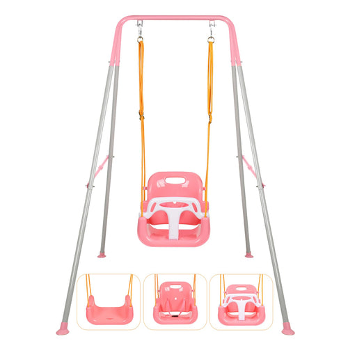3-in-1 Toddler Swing Set, Indoor & Outdoor Baby Swing Heavy Duty Swing Set with Foldable Metal Stand for Aged 6 Months to 10 Yea