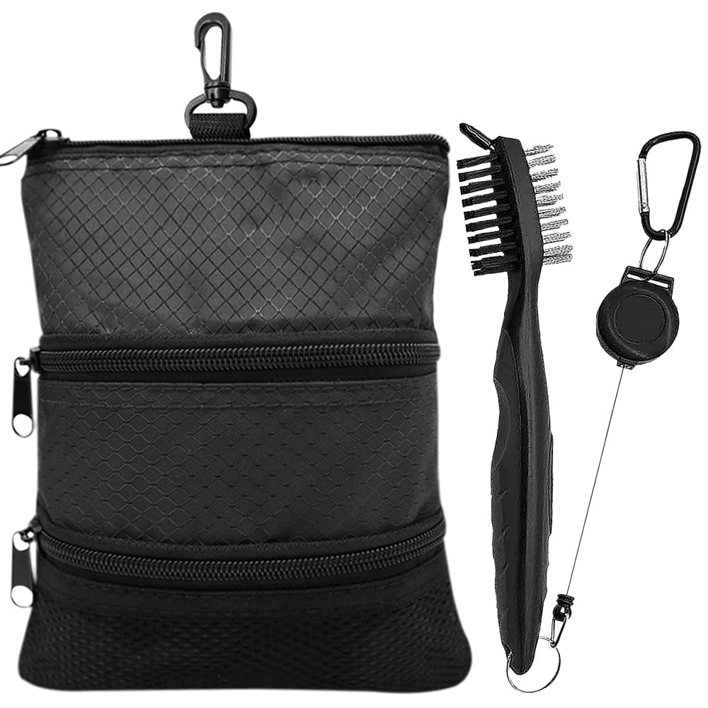 Amy Sport Golf Bag Accessories Valuables Pouch Bags Multi Pocket Zipper Hook with 10 Pcs Wood Golf Tees for Men Women (Dark with