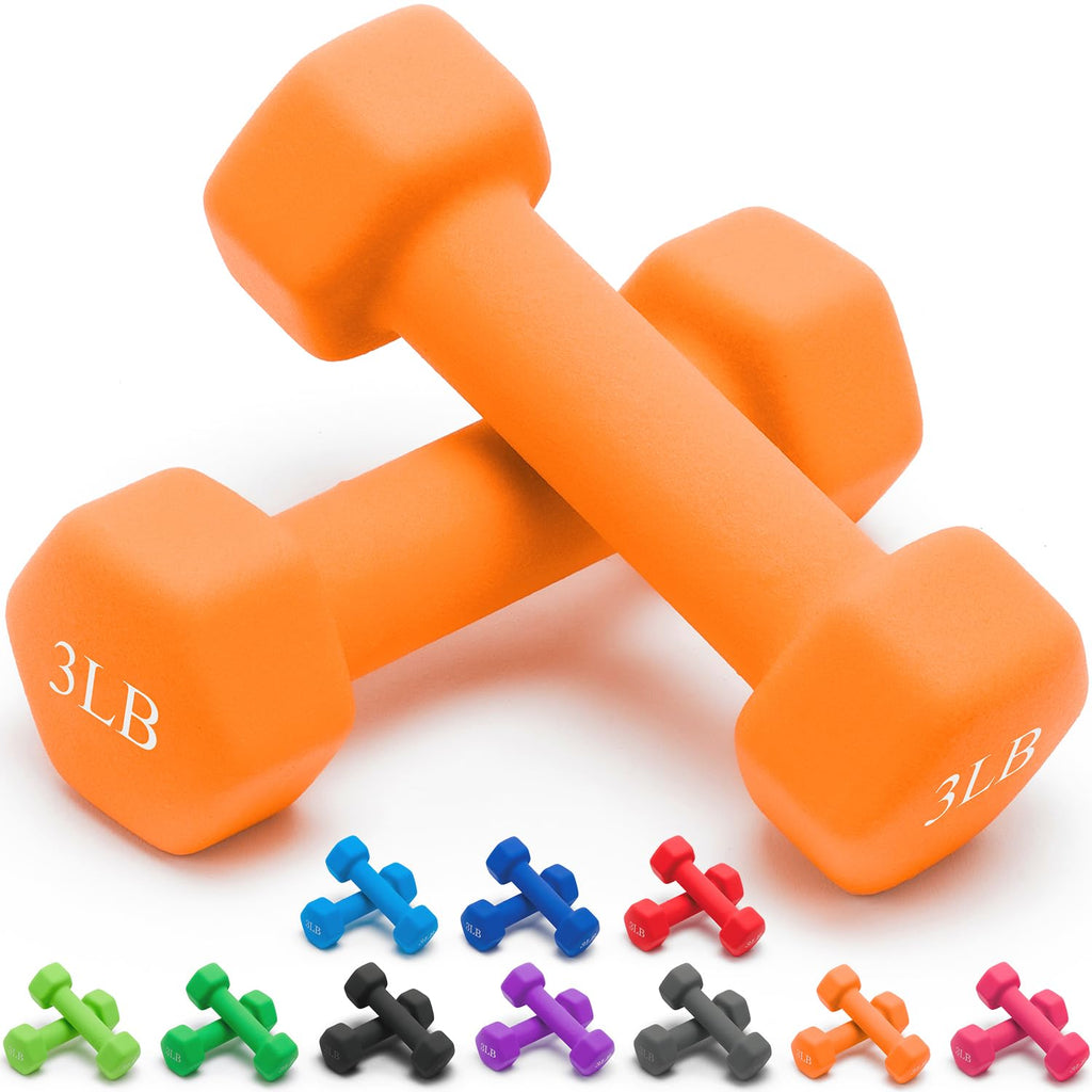 Portzon Weights Orange Dumbbells With Set Of 2 Neoprene Dumbbells Set, 3 Lb, Anti-Slip, Anti-Roll, Hex Shape