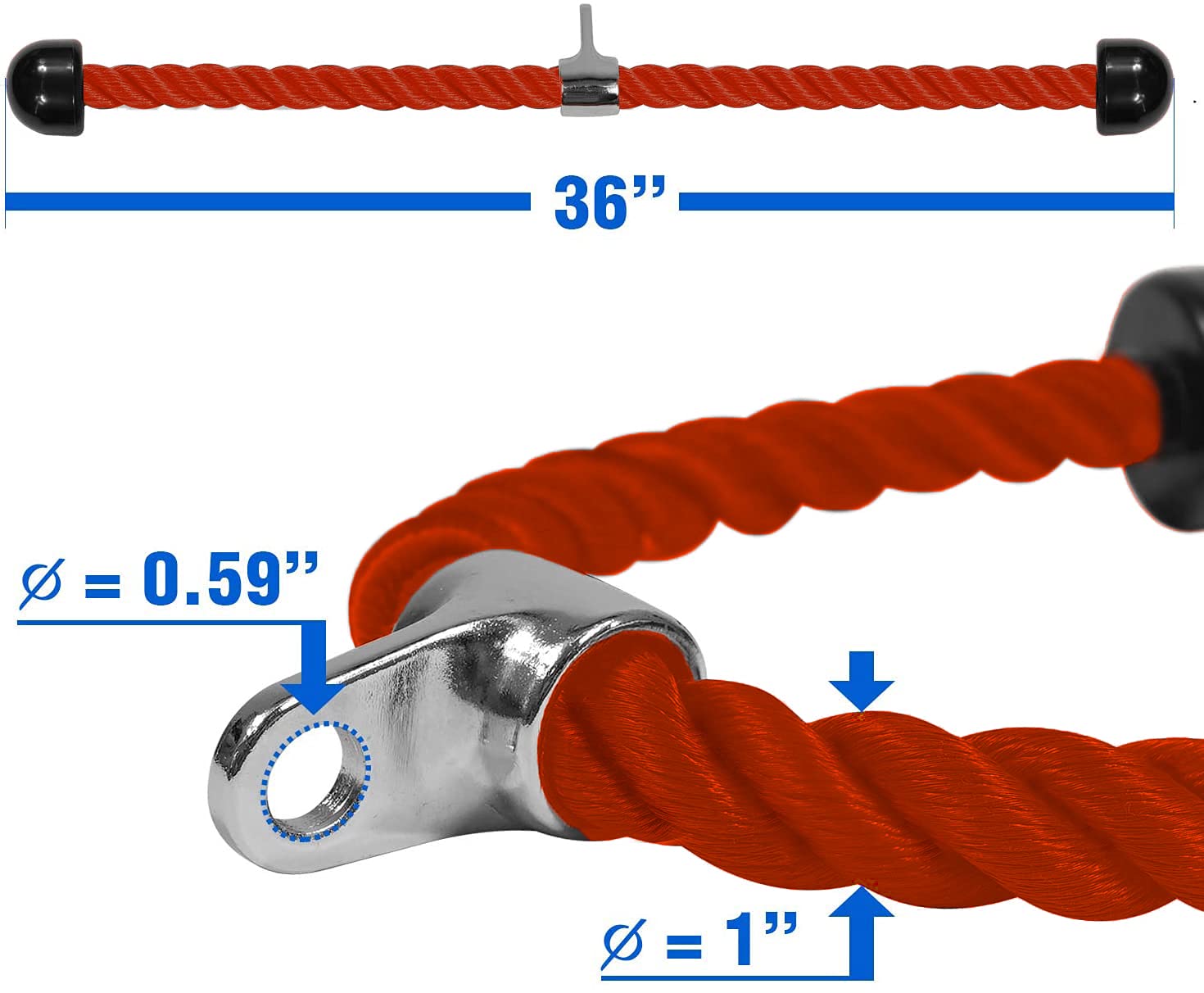 Yes4All Deluxe Red Tricep Rope 36 Inches Black Cable Attachment, Pulley System Gym Pull Down Rope With Carabiner, Exercise Machi