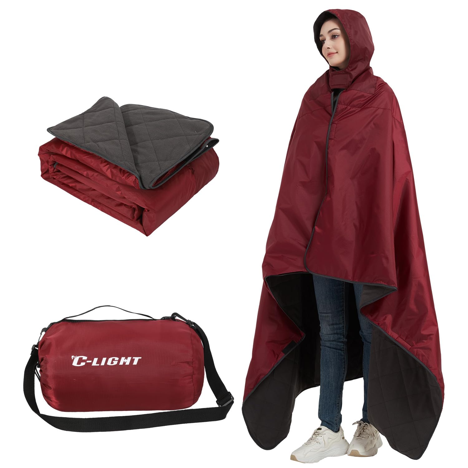 C-Light Outdoor Hooded Blanket, Wearable Stadium Blankets Waterproof Windproof, Emergency Warm Blanket For Rain&Cold Weather - P