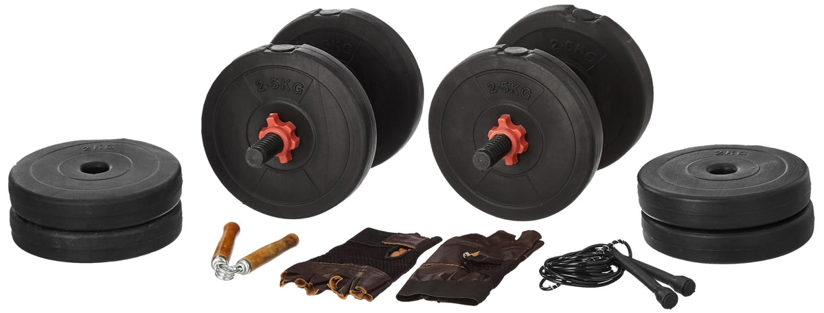 Gym Insane Dumbbell Set, 18Kg Adjustable Dumbbell Set With 1 Pair Of Adjustable Red Dumbbell Rods, Pvc Dumbbell Plates, Gym Glov