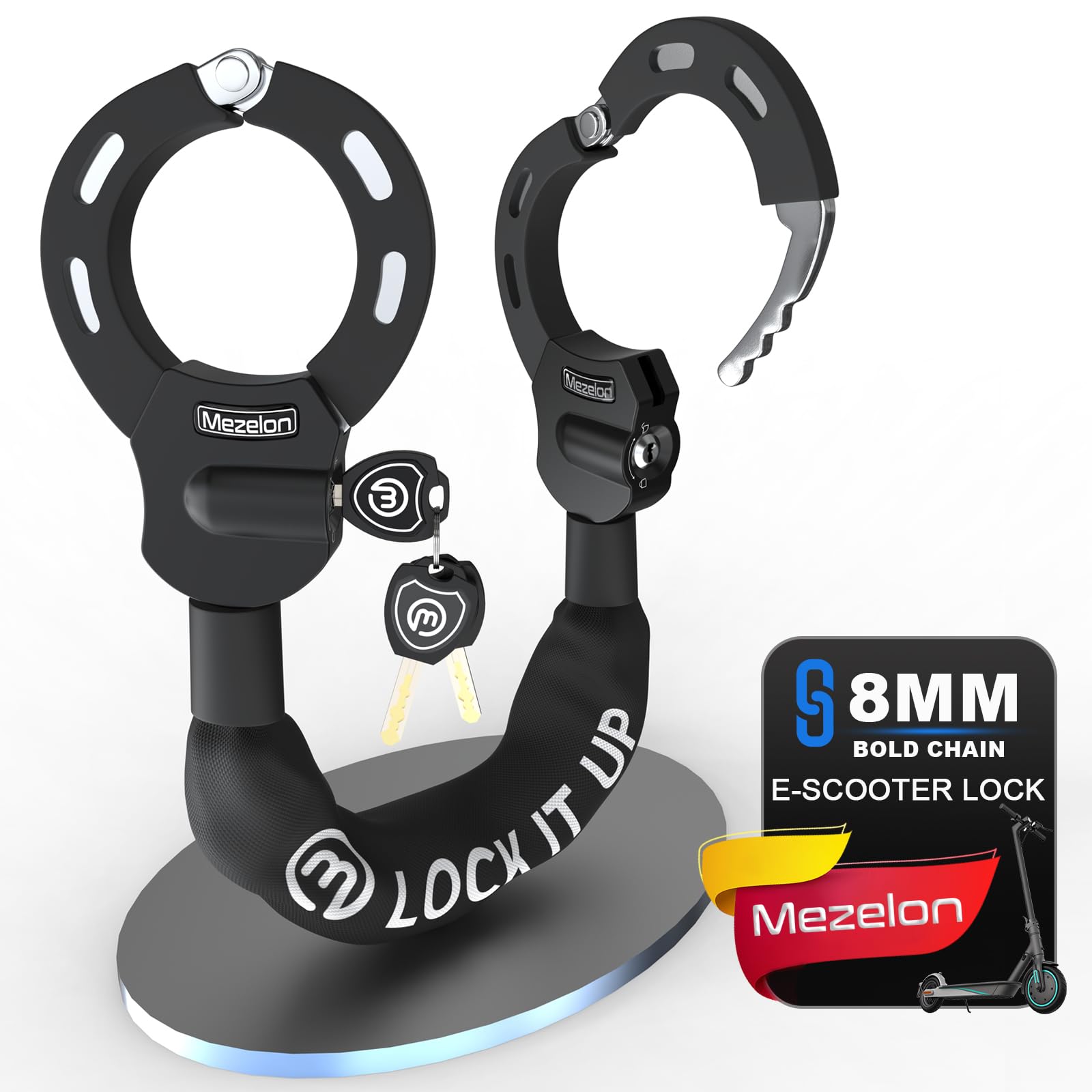Mezelon Electric Scooter Lock, 8Mm Chain Lock Bike Locks Heavy Duty Anti Theft With 3 Keys For E-Bike/Electric Scooters