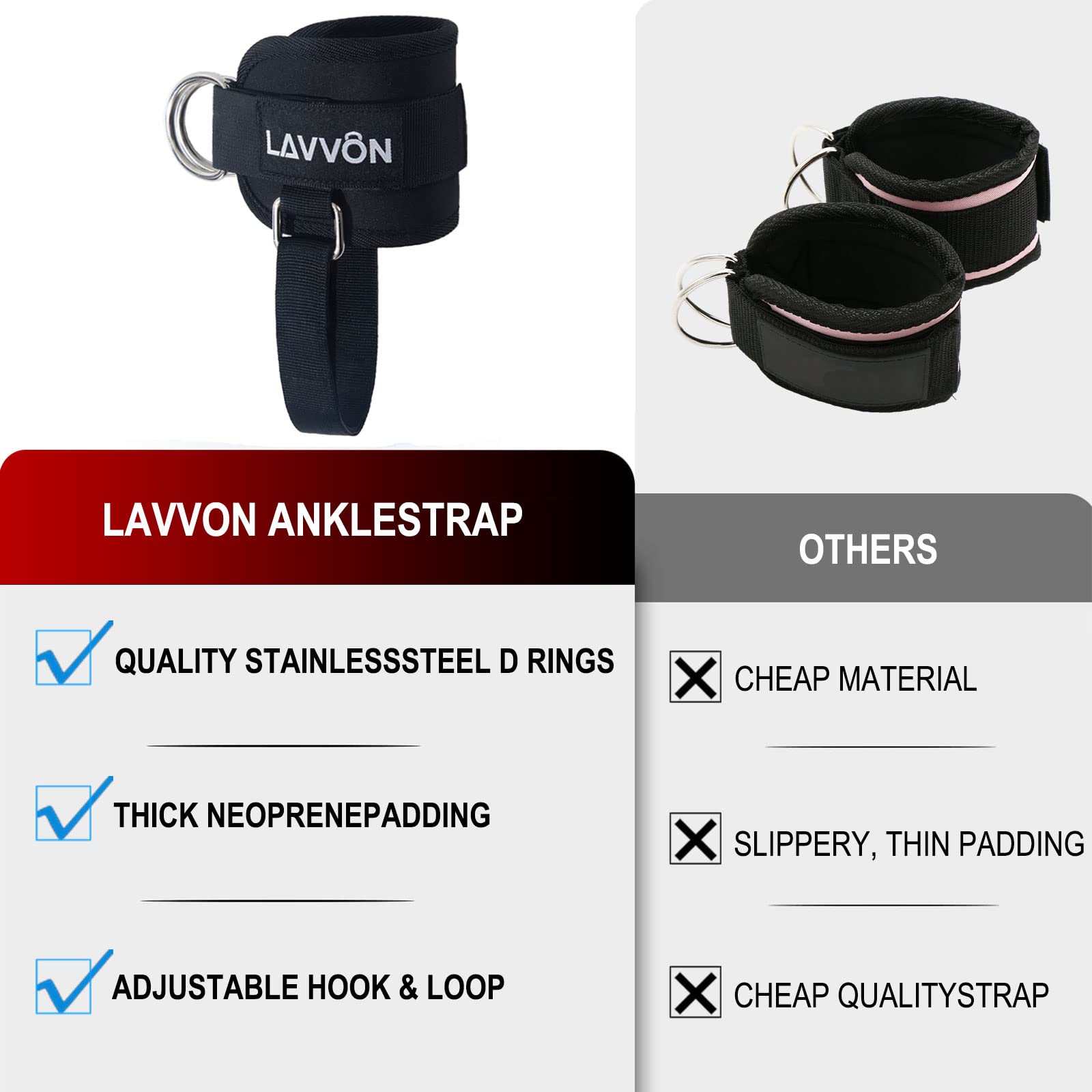 LAVVON Ankle Straps for Cable Machines Kickbacks - Adjustable Comfort Ankle Cable Attachments for Gym Ankle Cuff Cable Machine G