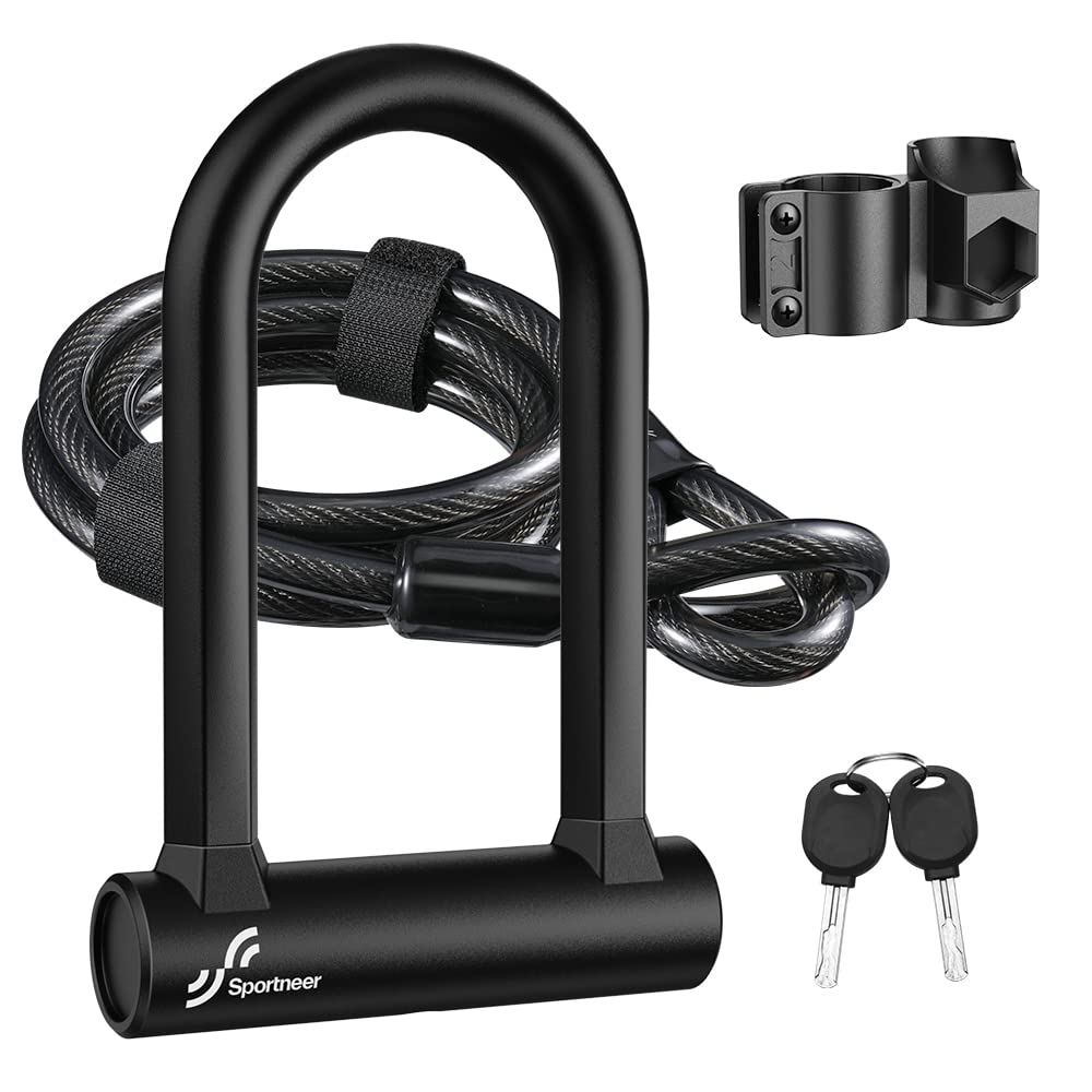 Sportneer Bike Lock Set Heavy Duty Bike U Lock With 5 Ft Security Steel Cable, 17Mm Shackle Bicycle U-Locks With Keys And Sturdy