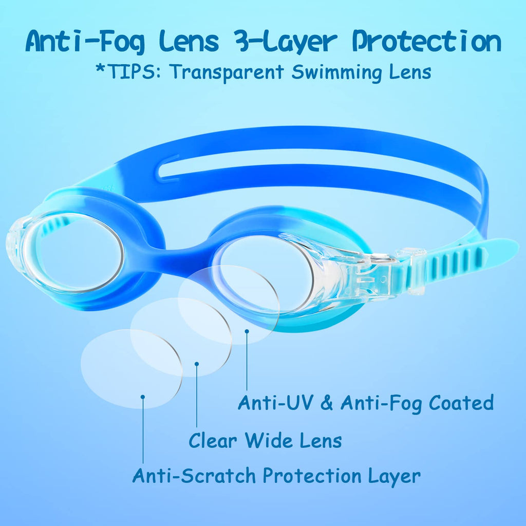 Cooloo Kids Goggles For Swimming Age 3-15, 2 Pack Kids Swim Goggles With Nose Cover, No Leaking, Anti-Fog, Waterproof, Blue & Pu