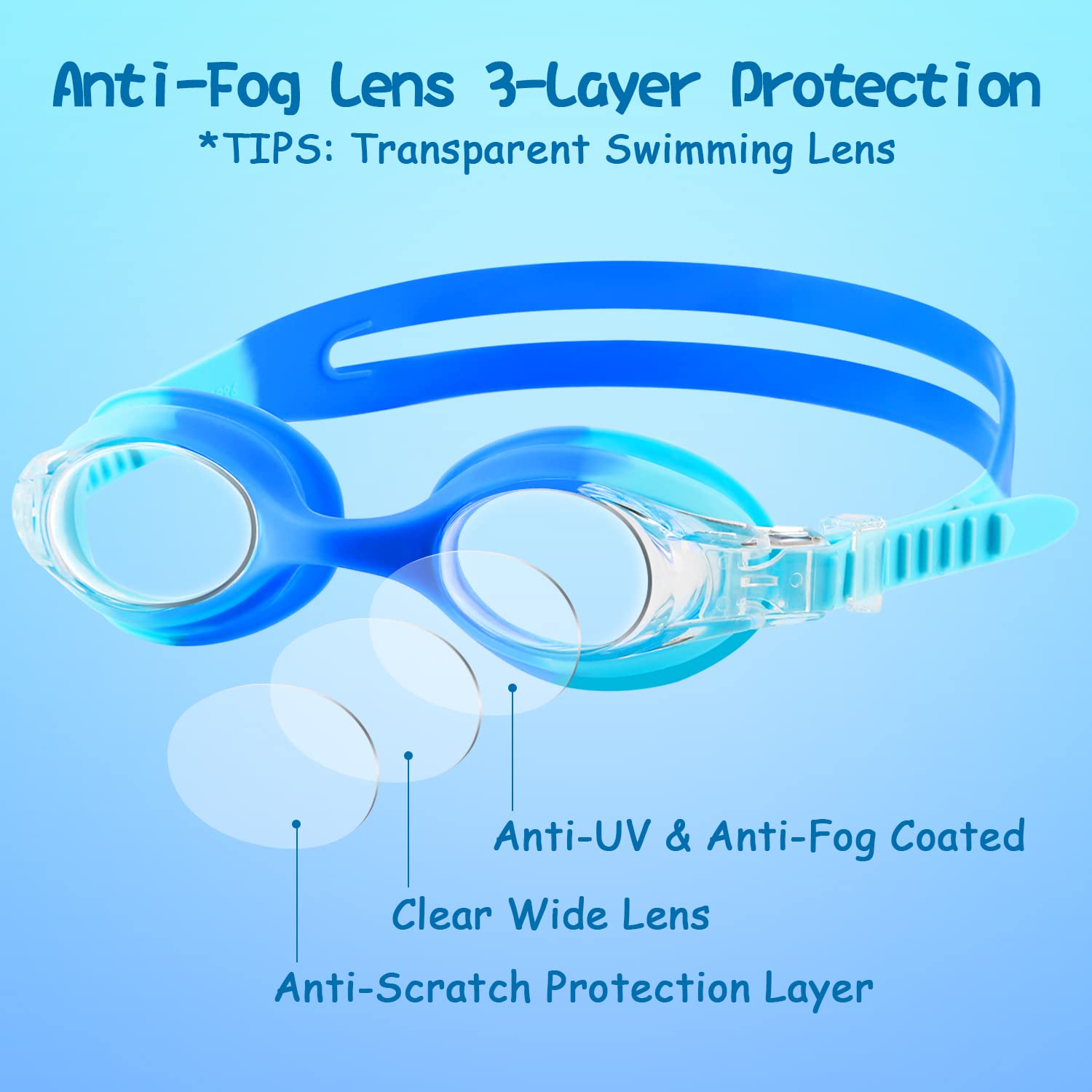 Cooloo Kids Goggles For Swimming Age 3-15, 2 Pack Kids Swim Goggles With Nose Cover, No Leaking, Anti-Fog, Waterproof, Blue & Pu