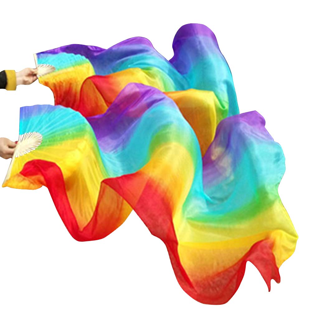 Kikigoal 1 Pair(Leftright) Women Real Silk Belly Dance Fan Veil, Length 180Cm Width 90Cm (Colorful)