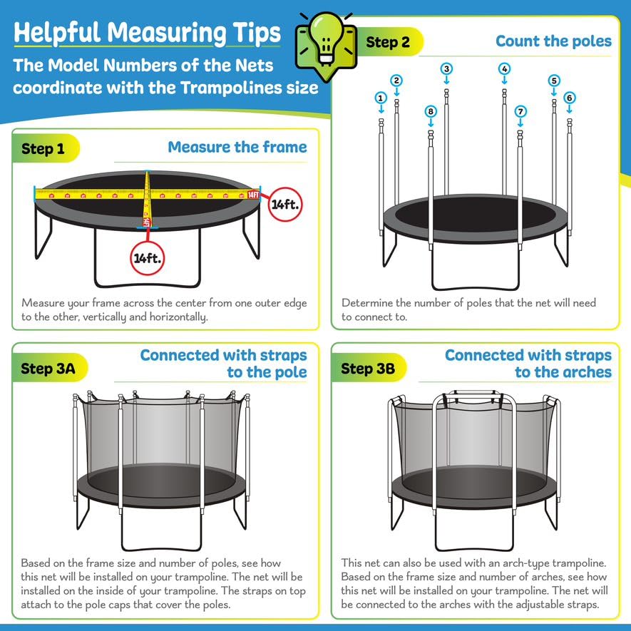 Upper Bounce Machrus Trampoline Net Replacement 7.5Ft 8Ft 9Ft 10Ft 12Ft 13Ft 14Ft 15Ft 16Ft- Safety Net For Straight Poles/Arche