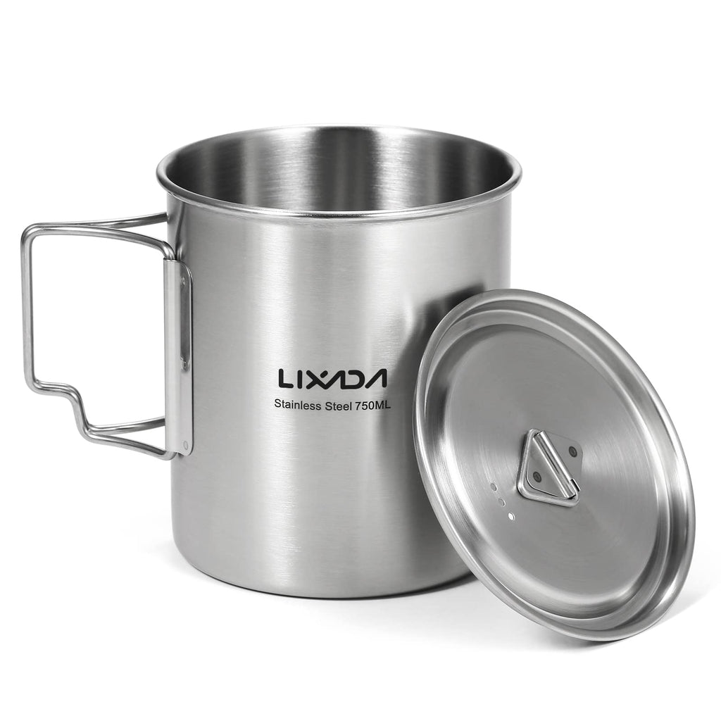 Lixada 750Ml Camping Cup Pot Cup Stainless Steel Water Cup Mug With Foldable Spoon For Outdoor Camping Hiking Backpacking