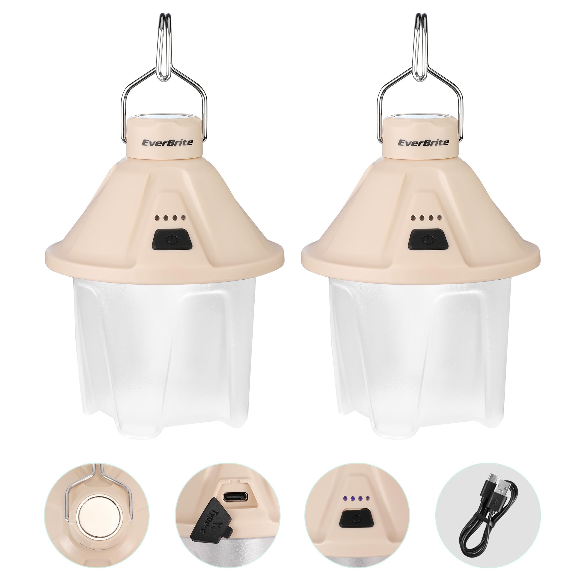 EverBrite 2 Pack Rechargeable Camping Lantern, 450LM LED Camping Light with 5 Modes, Magnetic Base & Hanging Hook, USB-C Fast Ch