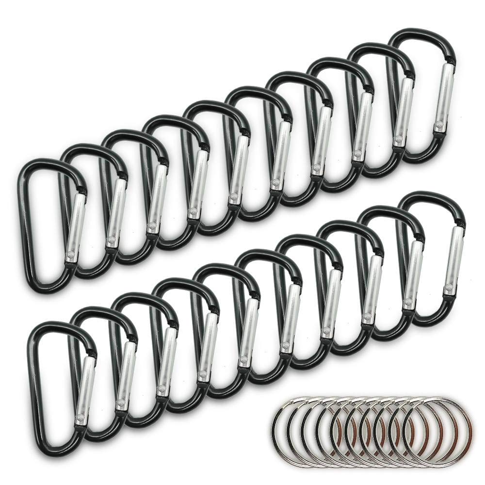 20PCS Mini 1.85/4.7CM Aluminum Carabiners with 10PCS Nickel Metal Key Rings Lightweight D Shape Keychain Clips Small Multipurpos
