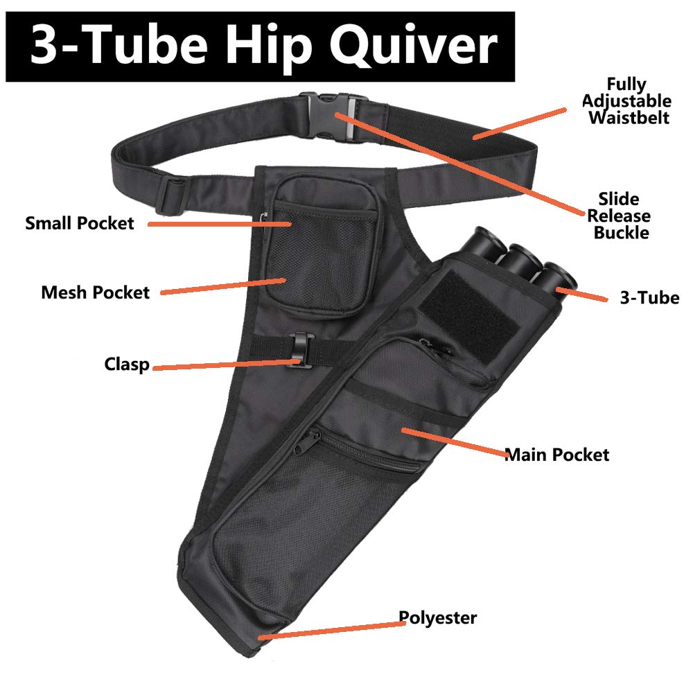 Xtacer 3 Tube Hip Quiver Hunting Training Camo Archery Arrow Quiver Holder Bow Belt Waist Hanged Target Quiver (Black -3 Tube)