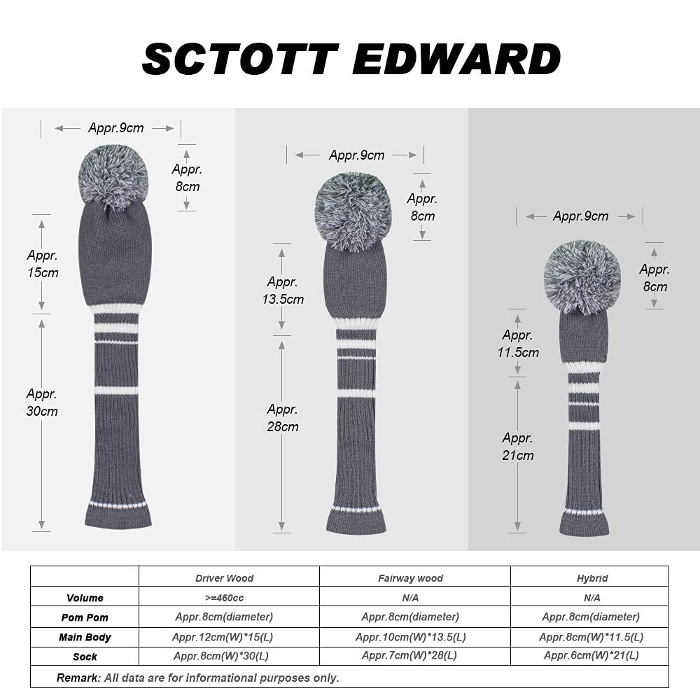 Scott Edward Steel Gray White Stripes Golf Club Covers Set Of 4 Double-Layer Yarn Knit Driver Head Cover*1 Fairway Head Covers*2