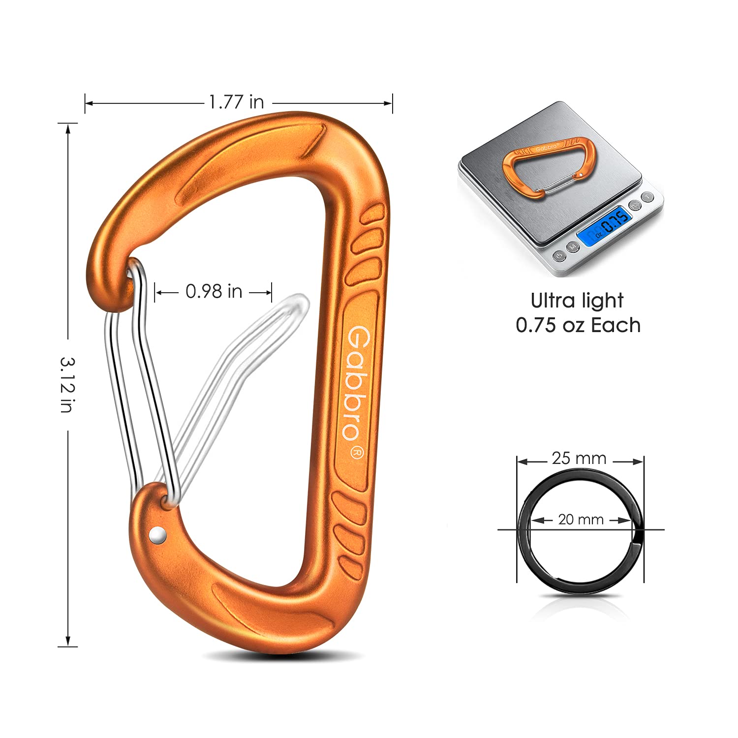 Gabbro Carabiner Clip Heavy Duty 2697Lbs, 4 Pcs 3'' Large Lightweight Aluminum Caribeaners With Keychain Hook Ring - Black Orang