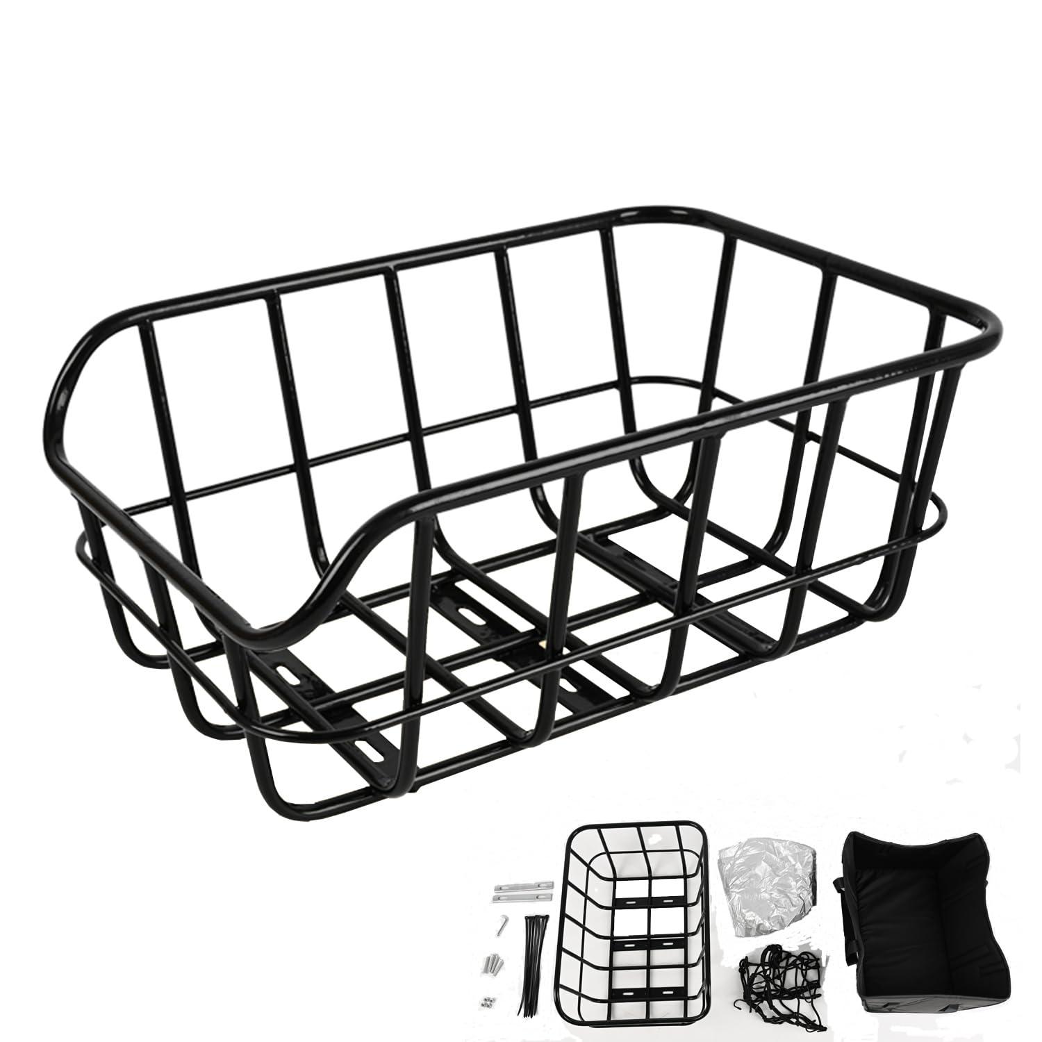Rear Bike Basket, Black Metal Wire Bicycle Cargo Carrier with Mounting Hardware and Rain Cover