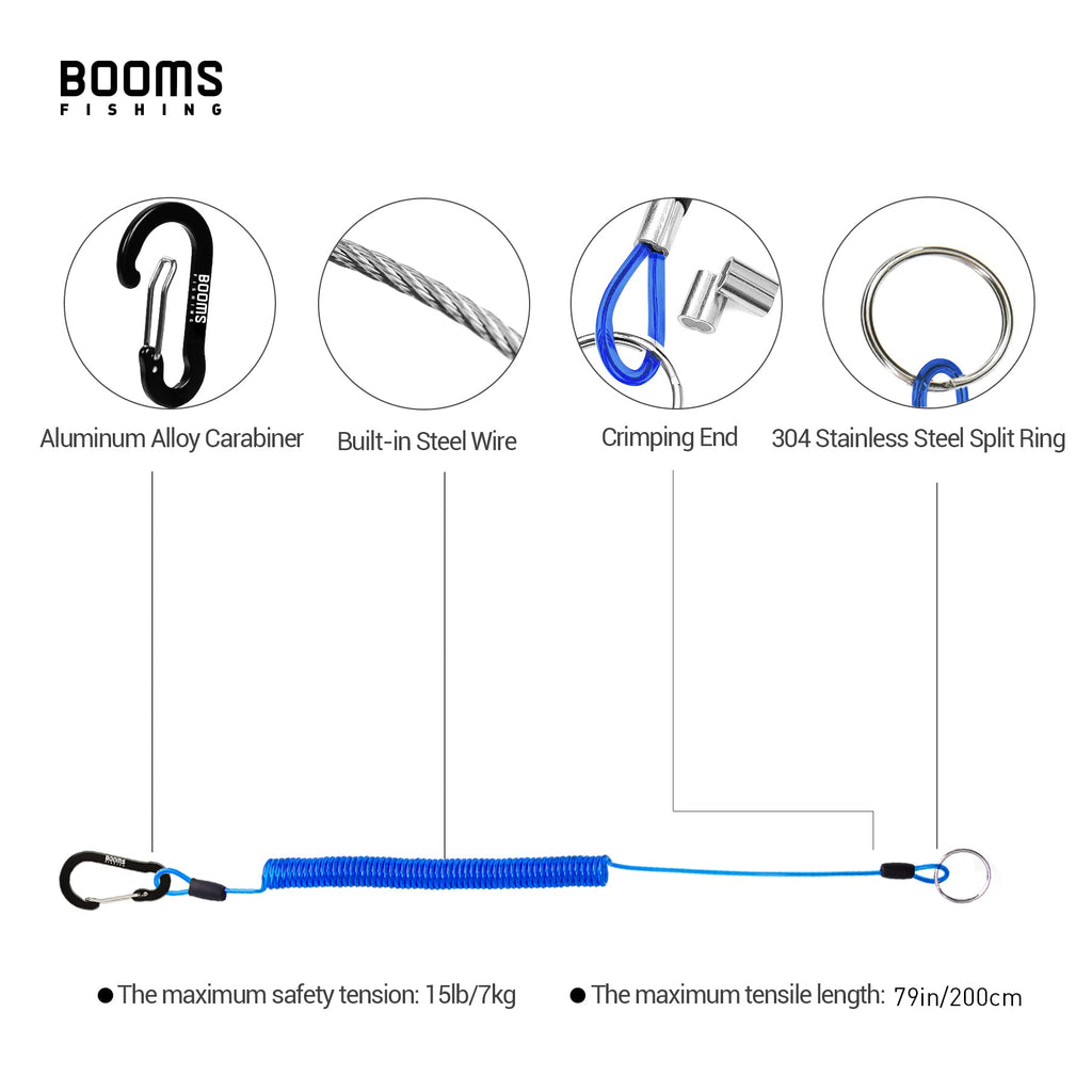 Booms Fishing T01 Coiled Lanyards 3 Packs 79 Blue, Retractable Lanyard Saltwater, Safety Gear Tether For Tools, Rods, Pliers And
