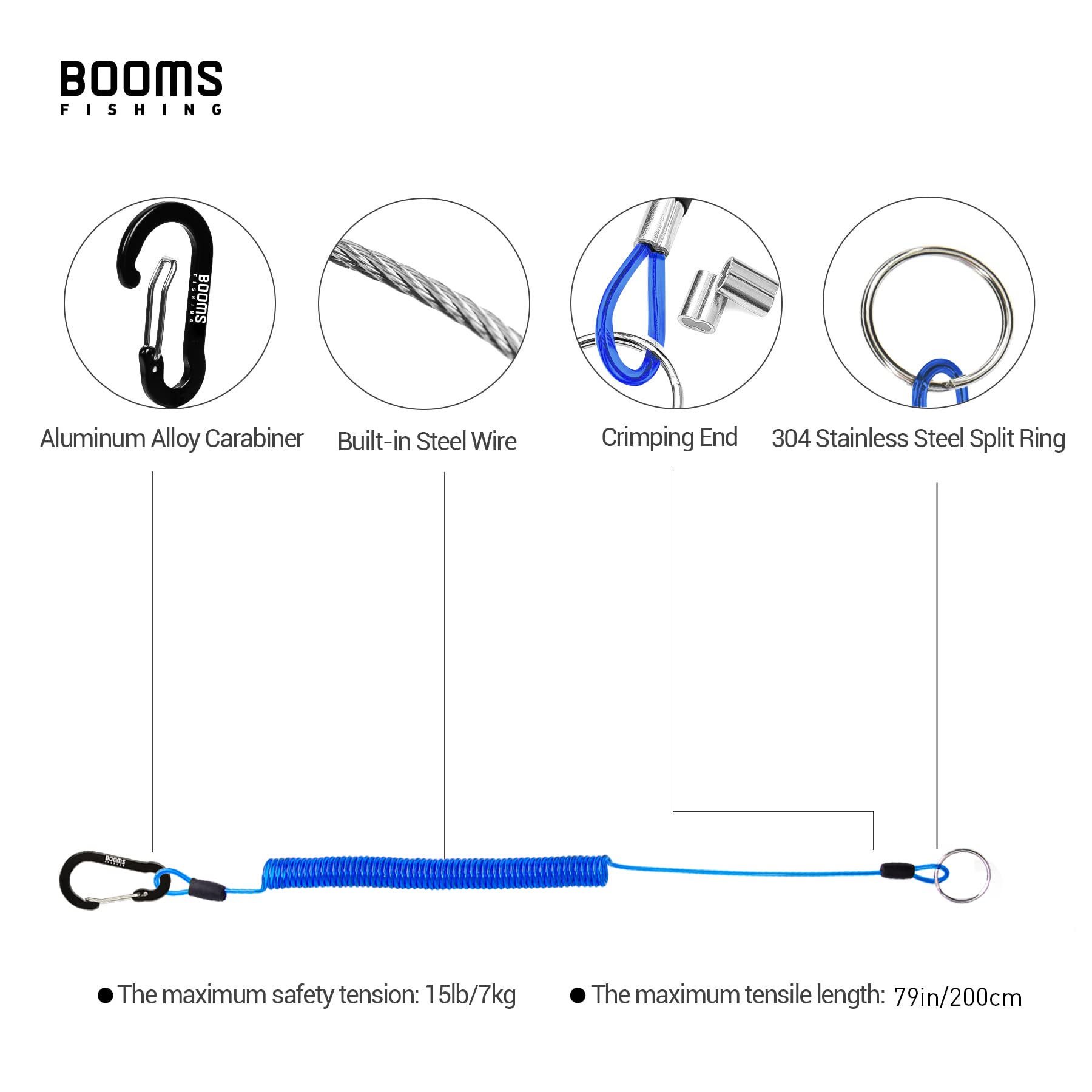 Booms Fishing T01 Coiled Lanyards 3 Packs 79 Blue, Retractable Lanyard Saltwater, Safety Gear Tether For Tools, Rods, Pliers And