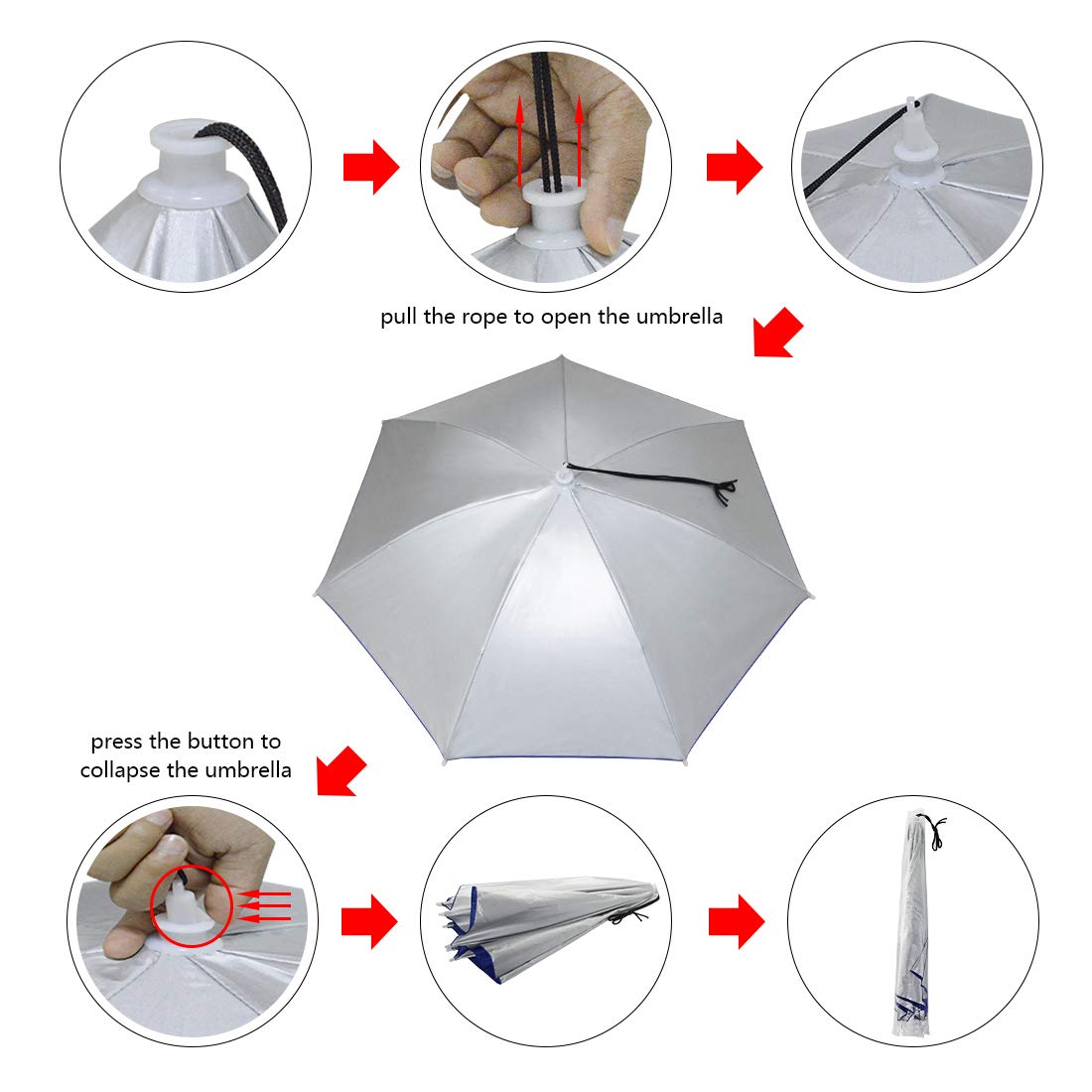 New-Vi Umbrella Hat, 25 Inch Hands Free Umbrella Cap For Adults And Kids, Fishing Golf Gardening Sunshade Outdoor Headwear (Silv