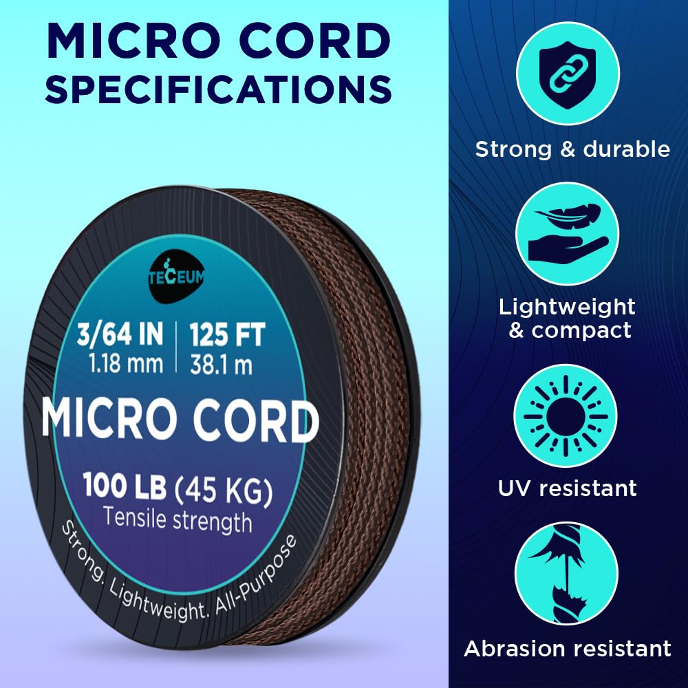 Teceum Micro Paracord - Chocolate - 1.18 Mm X 125 Ft - Micro Utility Cord - Thin Braided Paracord Rope Nylon Polyester - Wind Ch