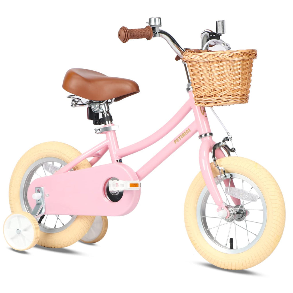 Petimini 14 Inch Little Kids Bike For Age 3 4 5 Years Old Girls Retro Vintage Style Bicycles With Basket Training Wheels And Bel