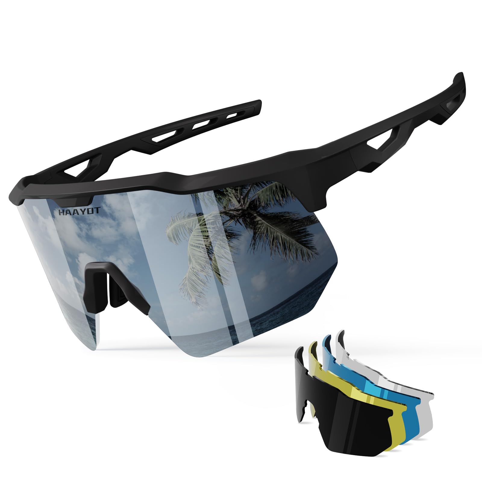 HAAYOT Polarized Sports Sunglasses for Men Women Youth Baseball Cycling Running Softball Biking Glasses 5 Lenses Matte Black Sil
