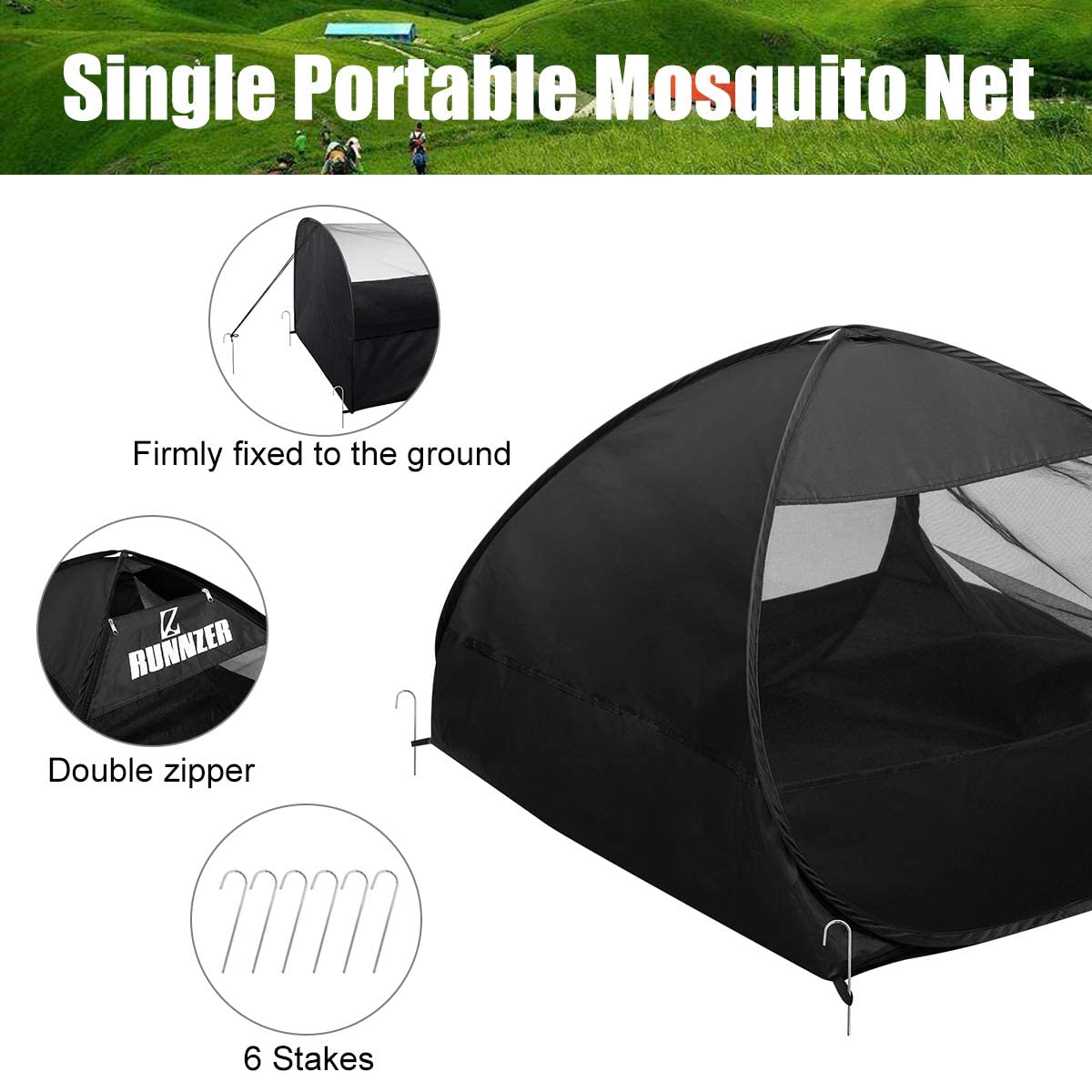 L Runnzer Single Camping Tent, Pop-Up Net With Upgraded Mesh For Sleeping Outdoor Camping Traveling