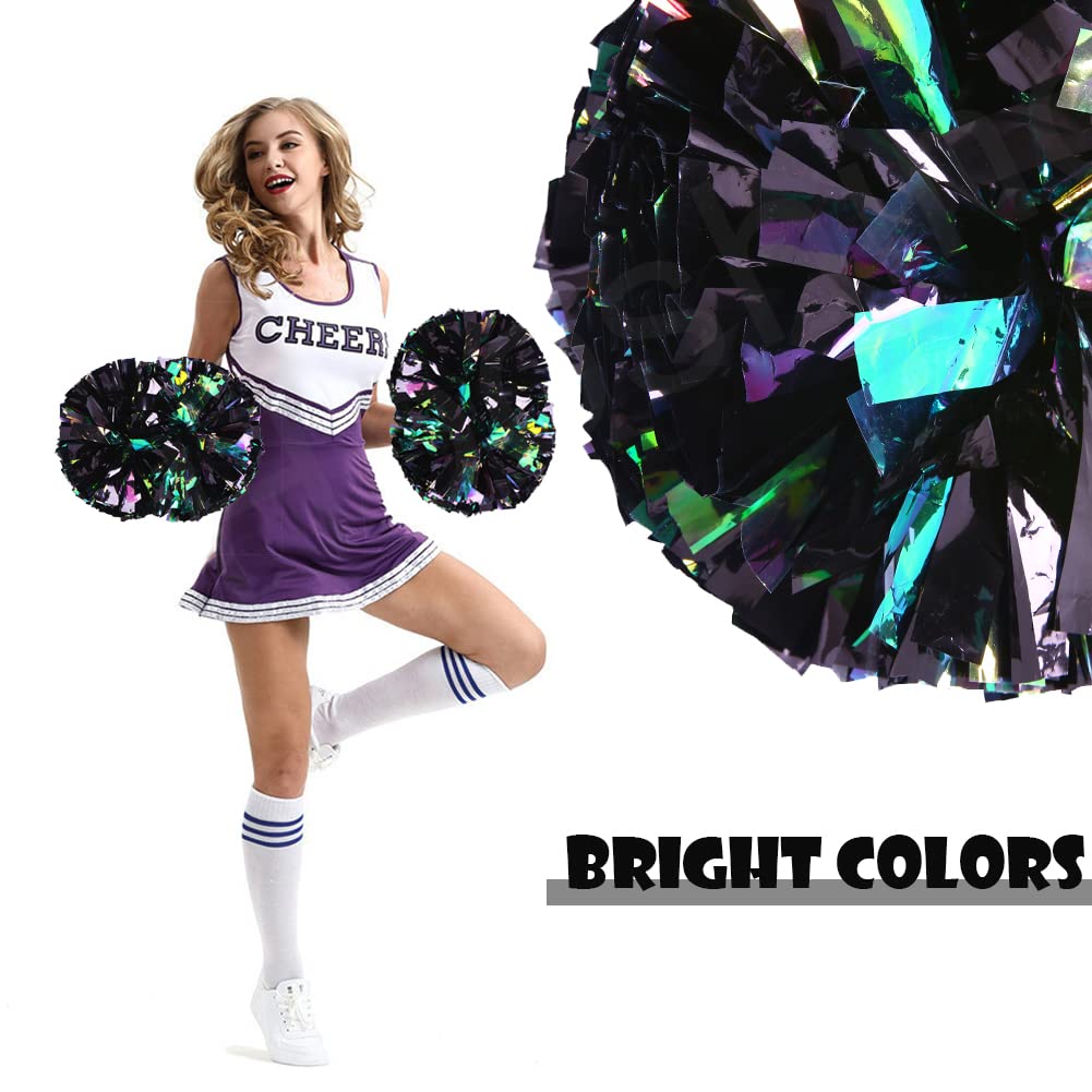 Hooshing 2Pcs Black Cheerleading Pom Poms Rainbow Cheer Pom Poms With Baton Handle For Kids Girls School Sports Team Spirit Game