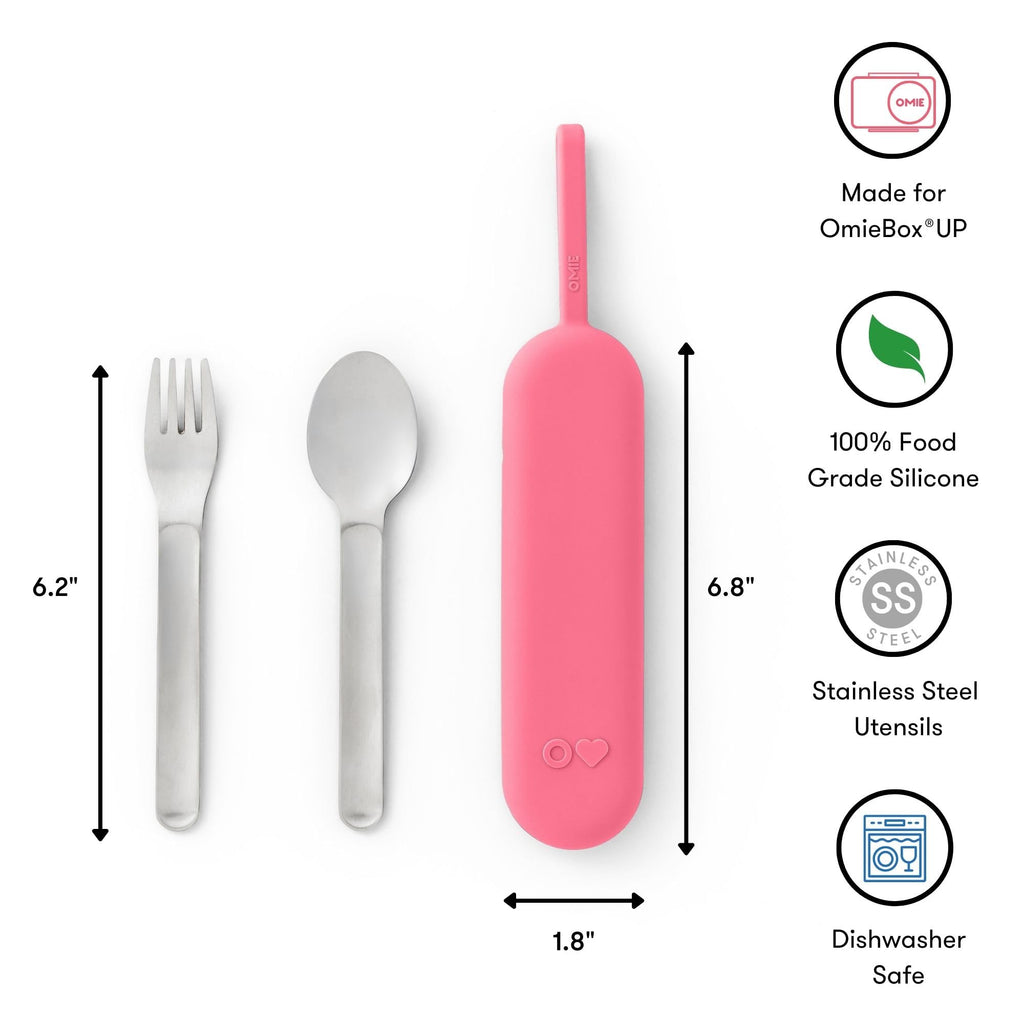 Omie OmieBox Travel Utensil Set | Fork and Spoon with Case for Easy Travel | Stainless Steel Fork and Spoon | Pink