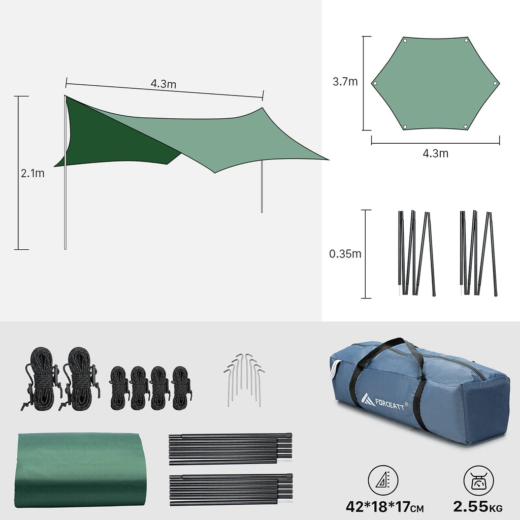 Forceatt 12X14Ft Waterproof Camping Tarp With 2 Poles, Sun Shelter For Car, Tent, Hammock In Camping, Hiking, Backpacking, Garde
