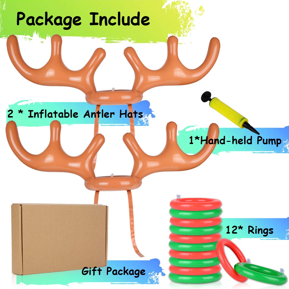 2 Set Inflatable Reindeer Antler Game, (2 Inflatable Antler, 12 Rings Reindeer Ring Toss) Inflatable Reindeer Antler Hat With Ri