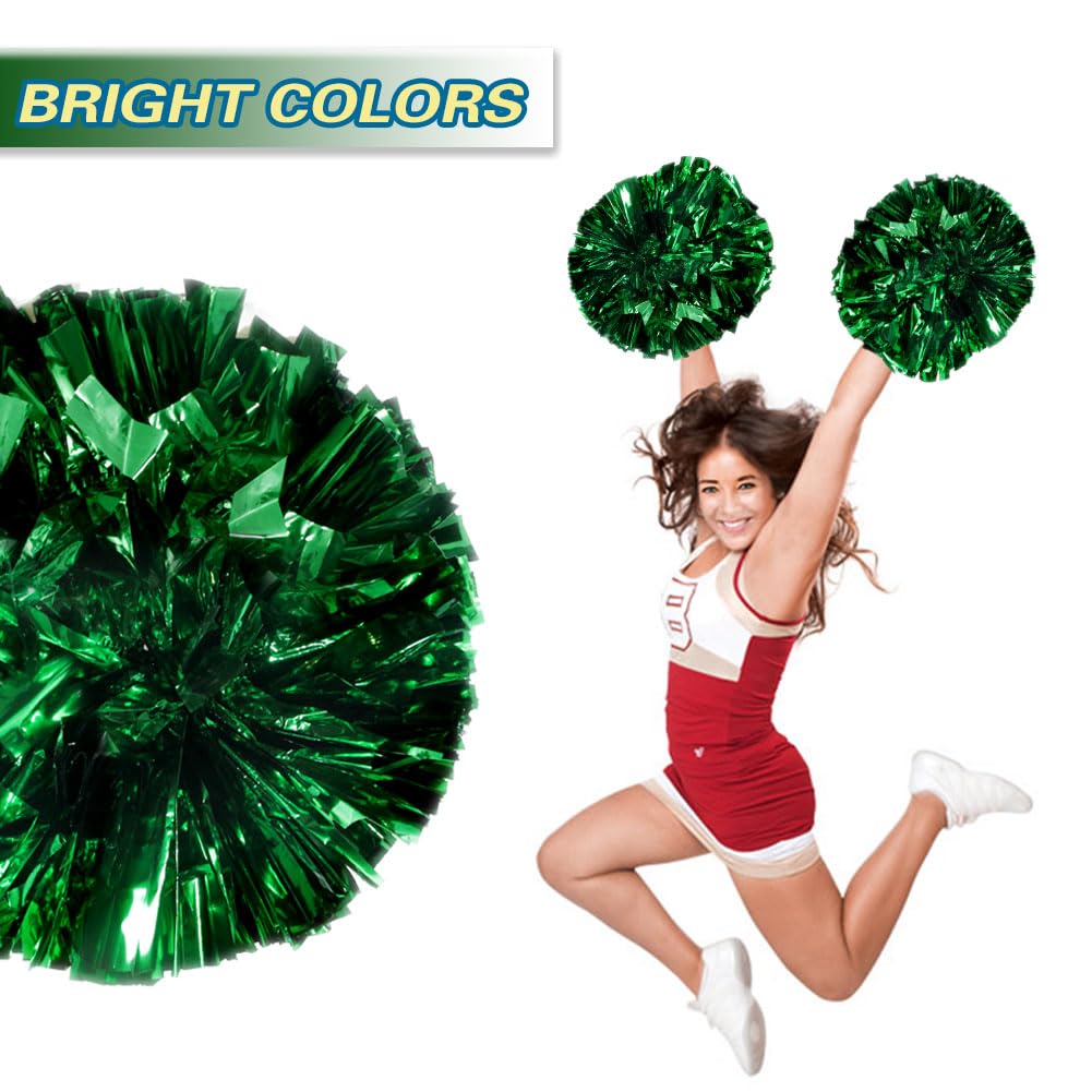 Lovecheer 2Pcs Pom Poms Cheerleading Metallic Green Pom Poms Cheer With Baton Handle For Sports Team Spirit Party Cheering