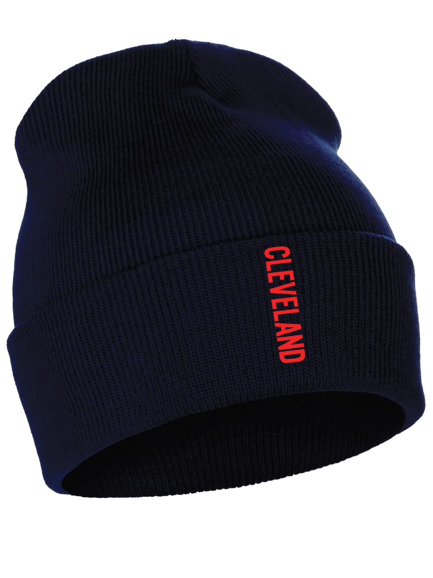 Daxton Vertical Usa Cities Cuffed Beanie Winter Knit Hat Skully Cap, Cleveland Navy Red