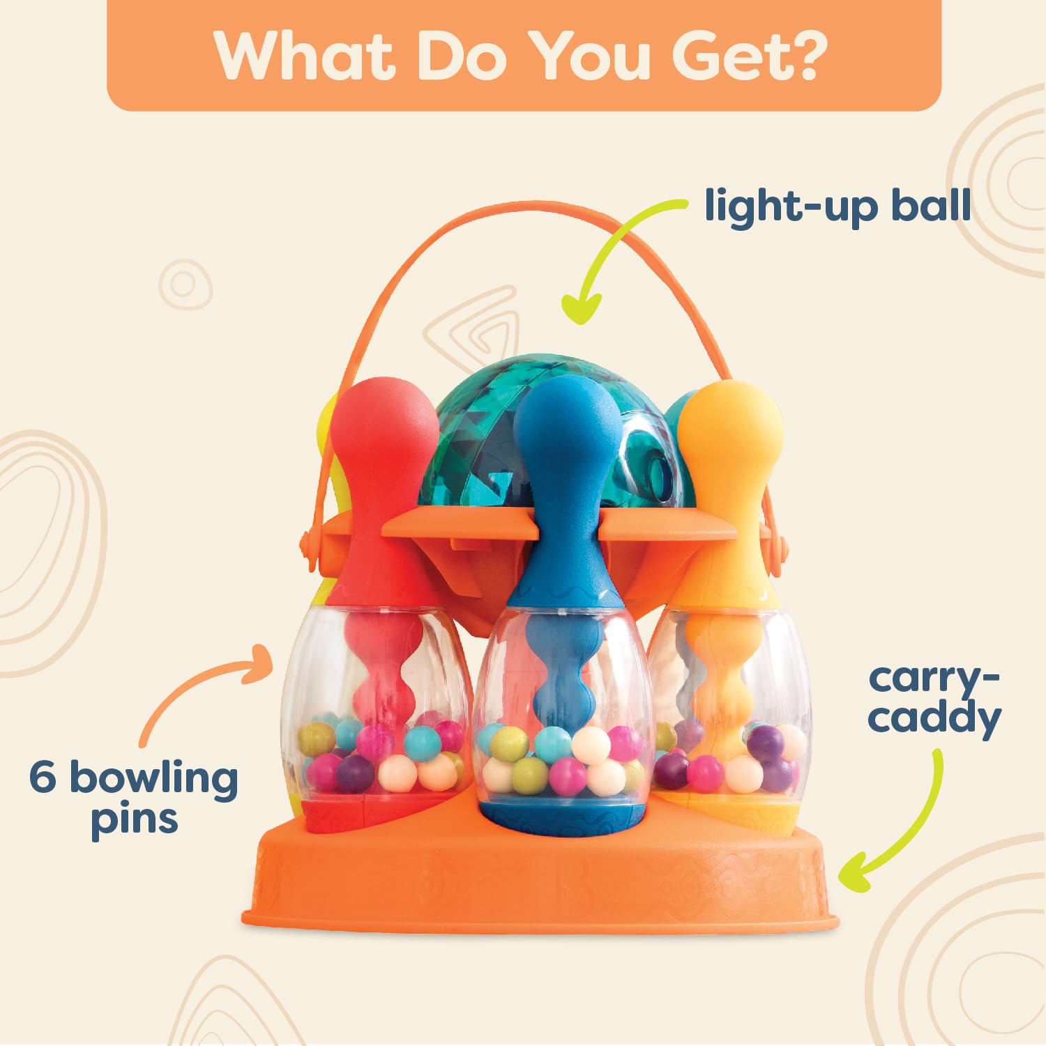 B. Toys- Lets Glow Bowling! - Multicolored Six Pin Toy Bowling Set With Flashing Light-Up Ball & Carrying Caddy For Kids- 2 Year