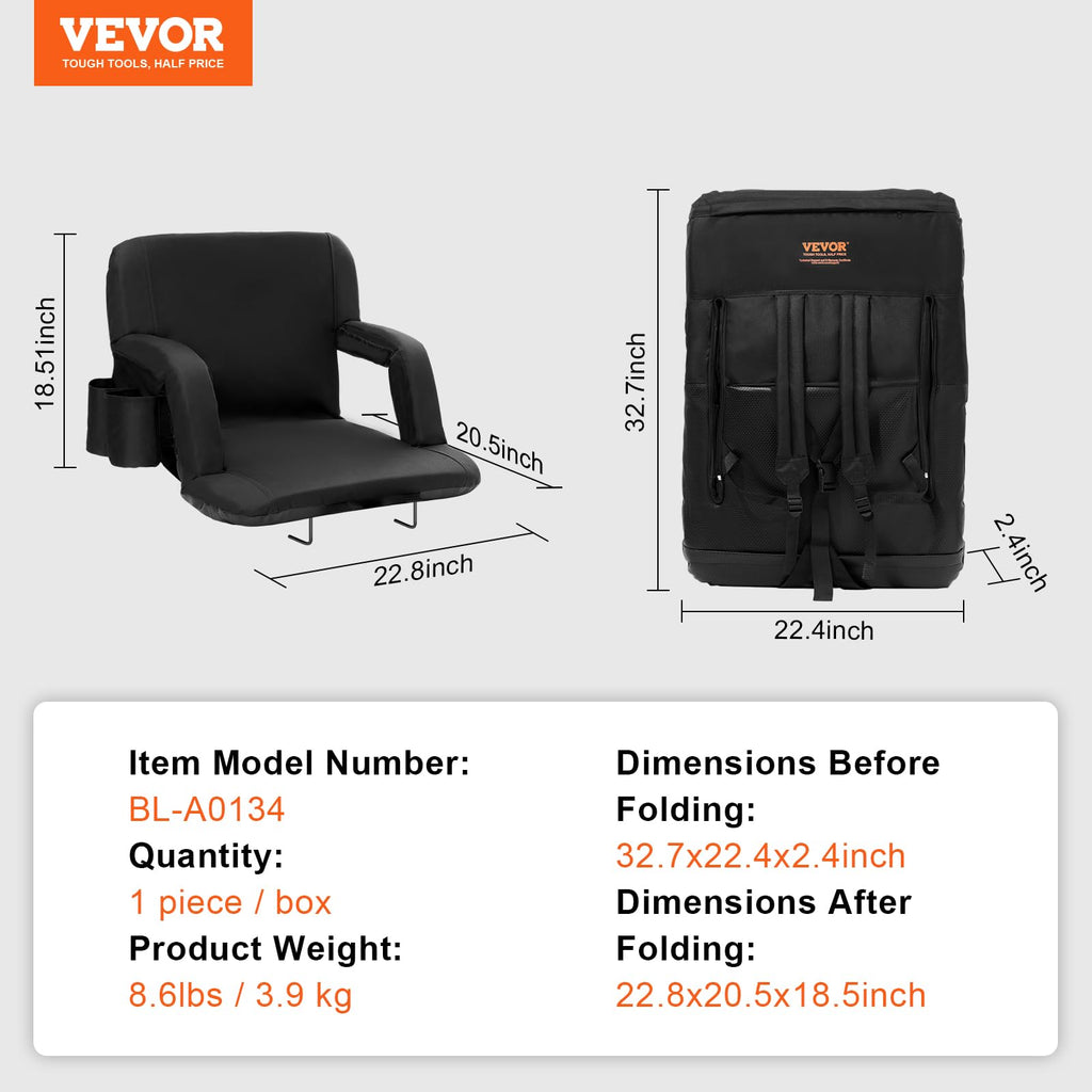 Vevor Stadium Seat With Back Support, Wide Bleacher Seat Back, Folding Padded Cushion Stadium Chair, Portable Reclining Chair Wi