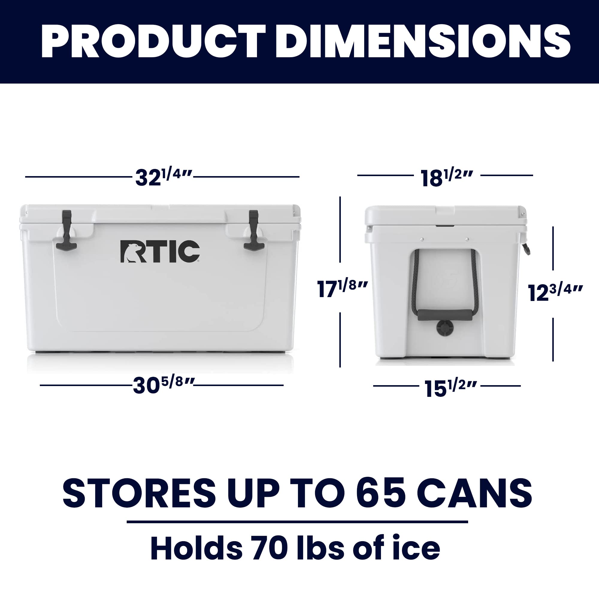 Rtic Ice Chest Hard Cooler, Heavy Duty Rubber Latches, 3 Inch Insulated Walls, 65 Quart