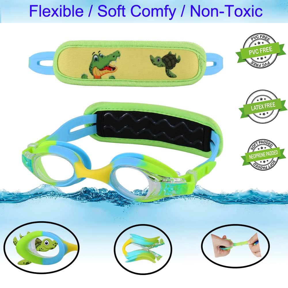 Ruigao Kids Swim Goggles Age 2-6, Toddler Goggles No Hair Pull,Child Goggles Padded Headband (1Pk Kids - Yellow Croc)