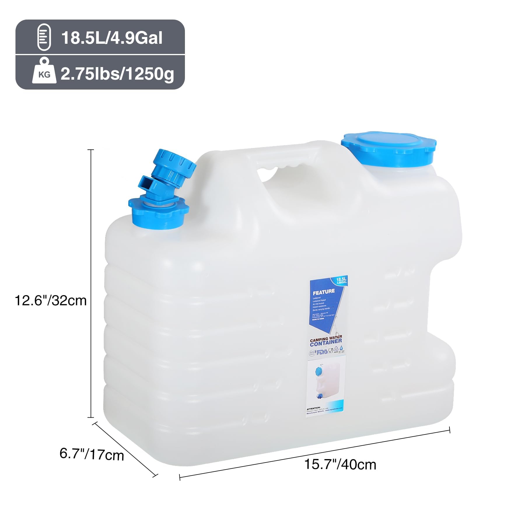 Redswing 3 Pack 4.9 Gallon/18.5L Portable Water Container With Spigot, Water Storage Carrier For Camping Outdoor Hiking Backpack